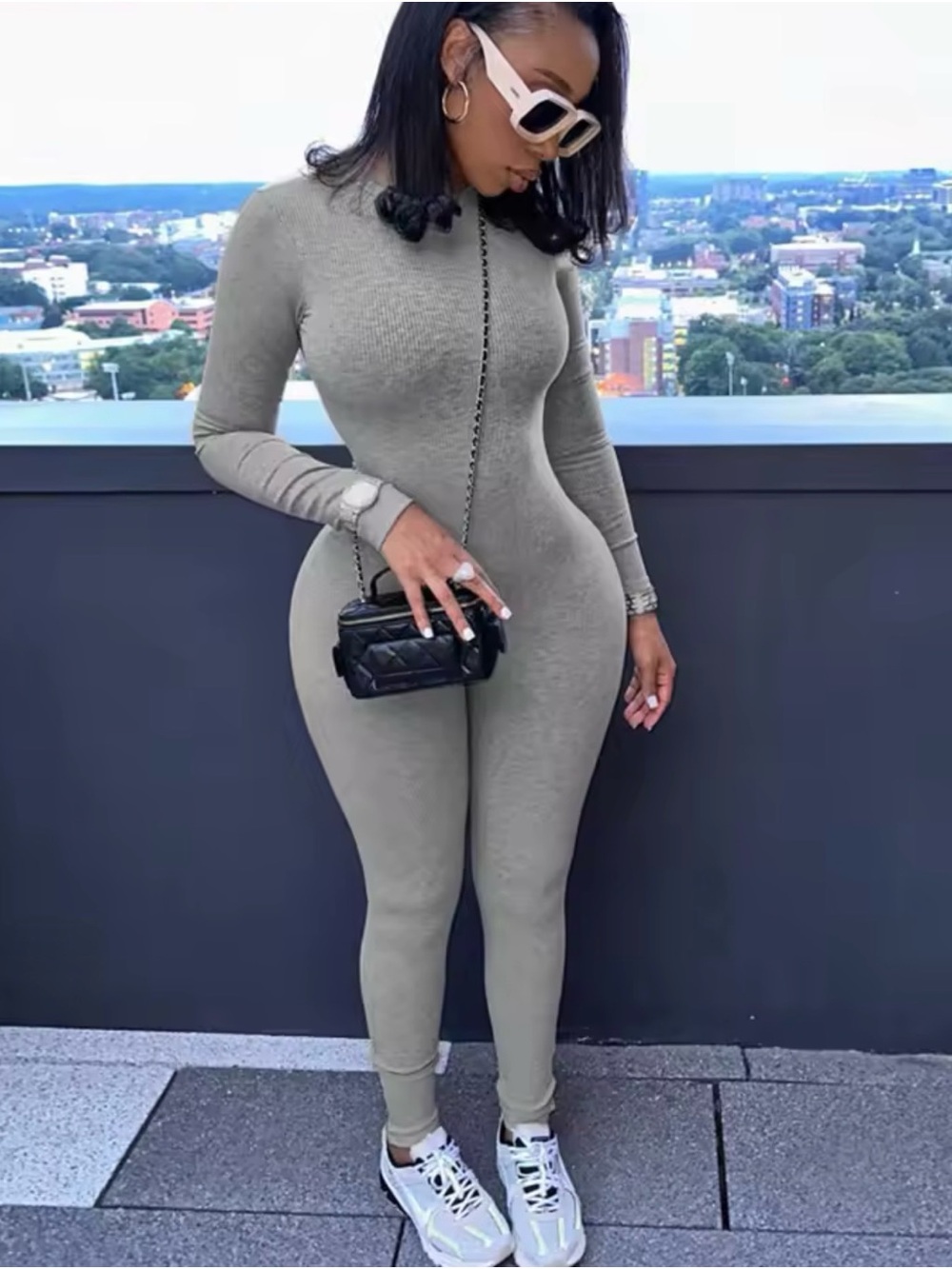 Slim-Fit Long-Sleeve Ribbed Jumpsuit in Light Gray
